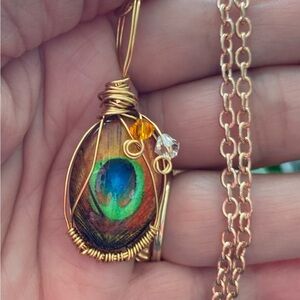 Peacock glass pendant wirewrapped necklace